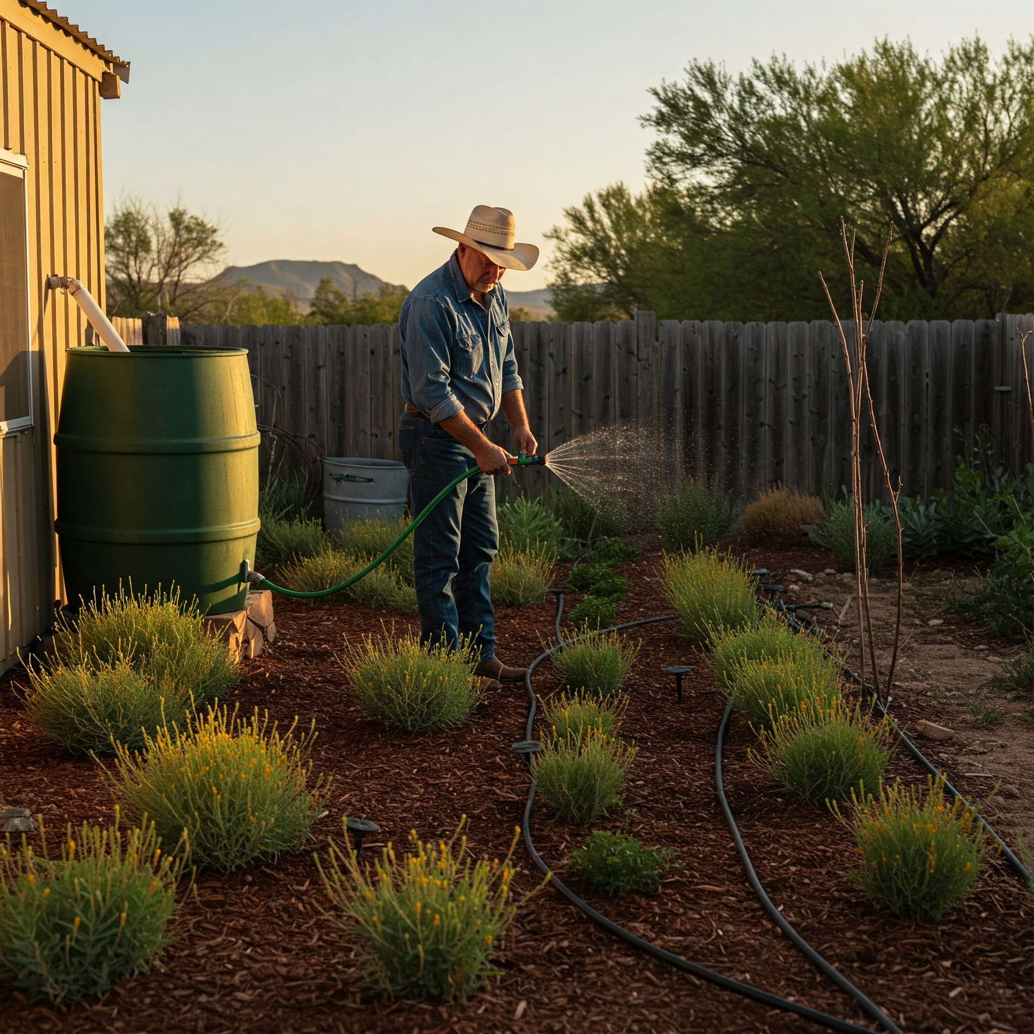 A cowboy tending a backyard garden with a rain barrel, mulch, and drip irrigation, showing water-saving techniques in a rustic outdoor setting.