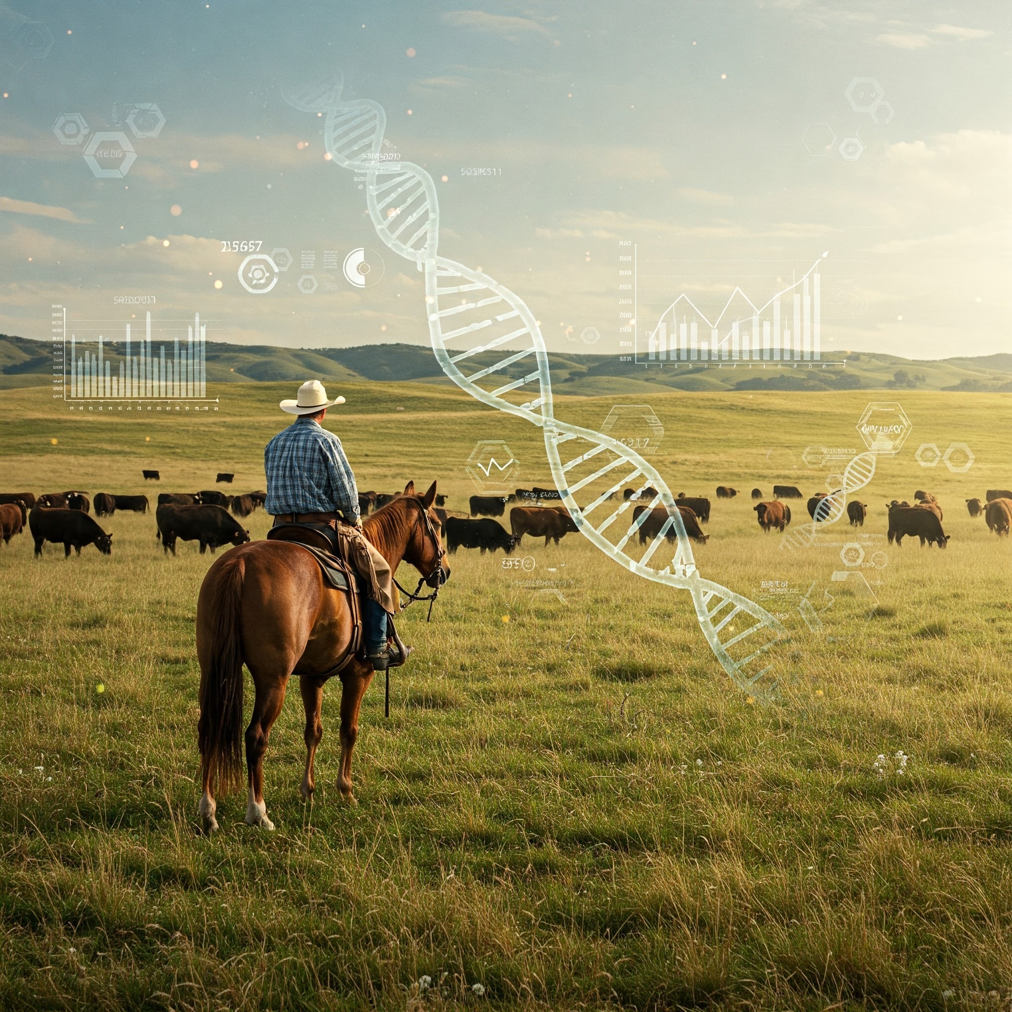 A cowboy on horseback surveying a herd of cattle, with overlaid data visuals like DNA strands and RFID icons, representing the fusion of traditional ranching and modern data-driven herd management.