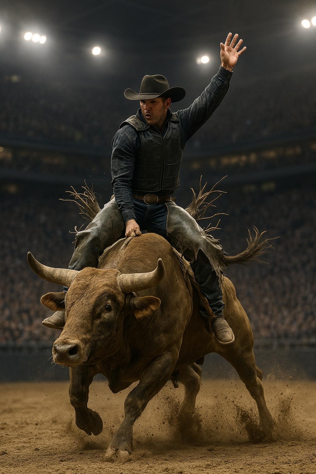 Professional bull rider mid-air on a bucking bull in a stadium arena, with dirt flying and a cheering crowd in the background.