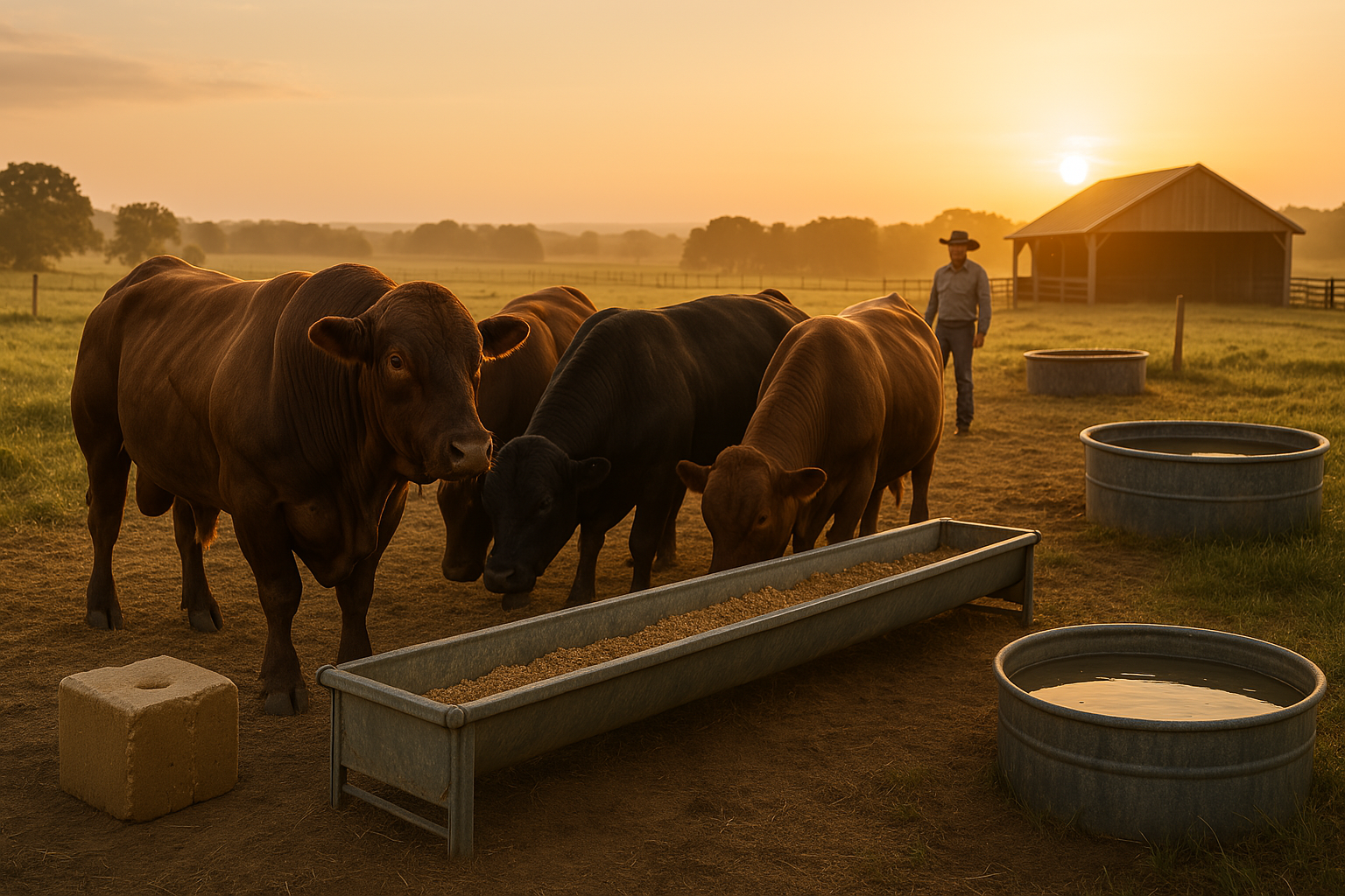 Group of healthy bulls feeding from a trough at sunrise on a working cattle ranch, with water tanks and a cowboy nearby.