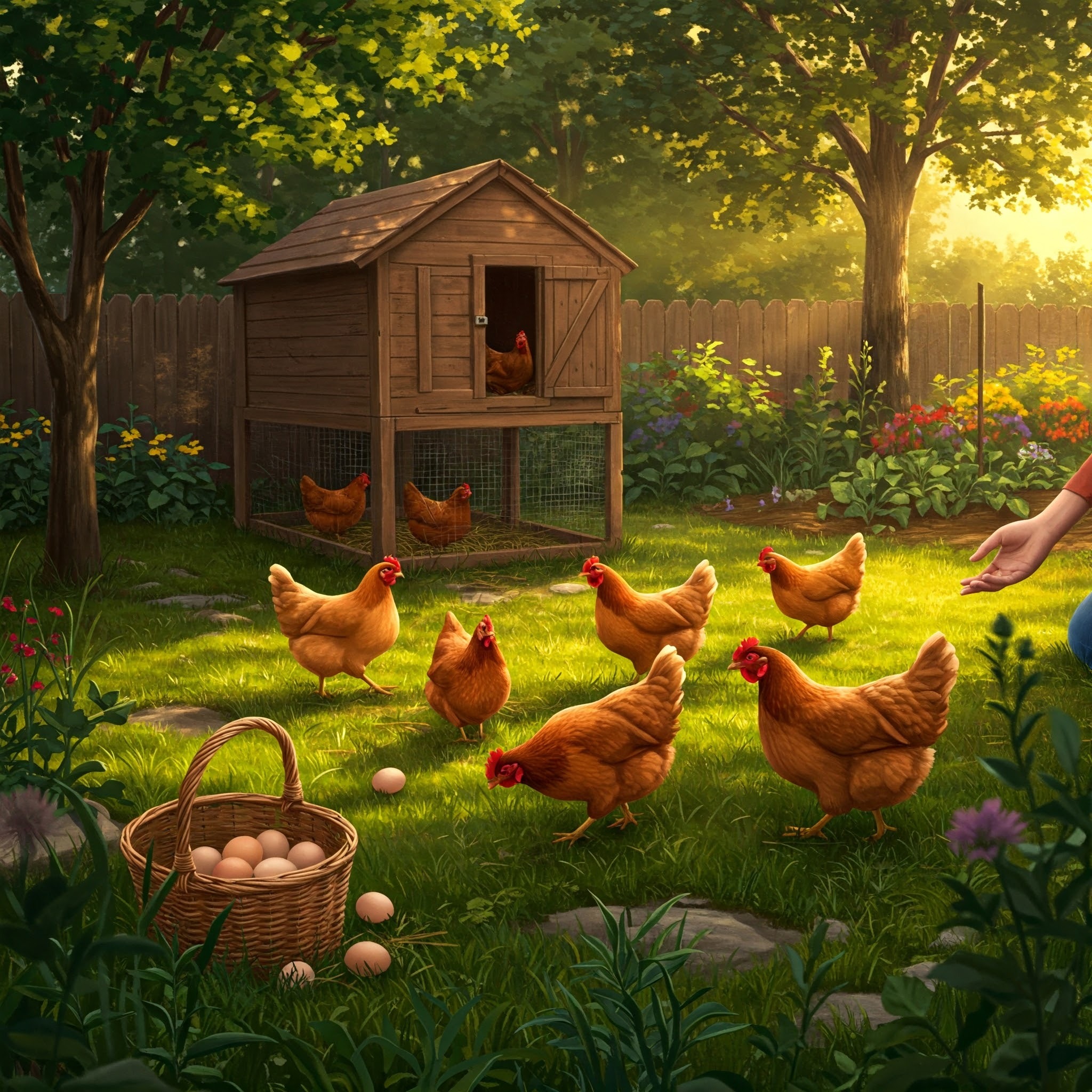 Backyard chickens near a wooden coop with eggs in a basket during golden hour.