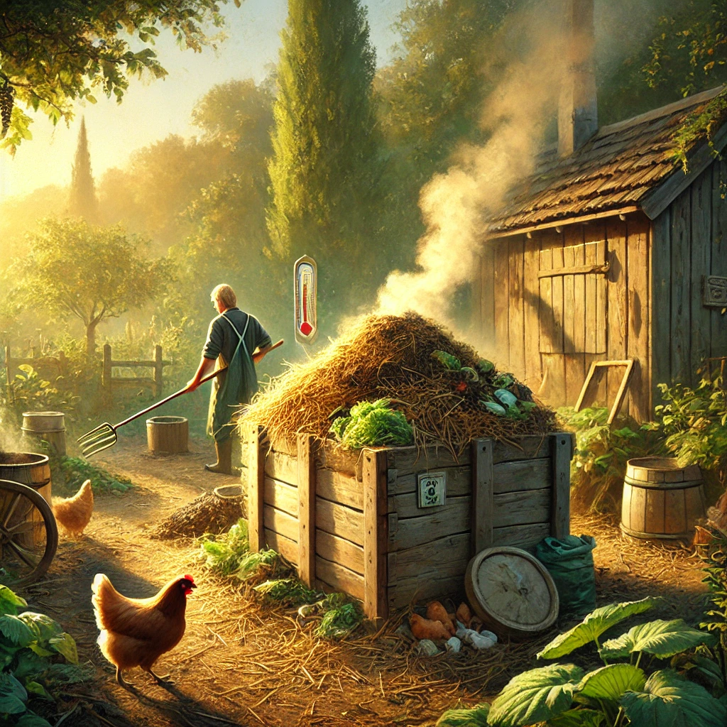 “Compost pile with straw, manure, and garden materials in a backyard, with chickens and a coop in the background”