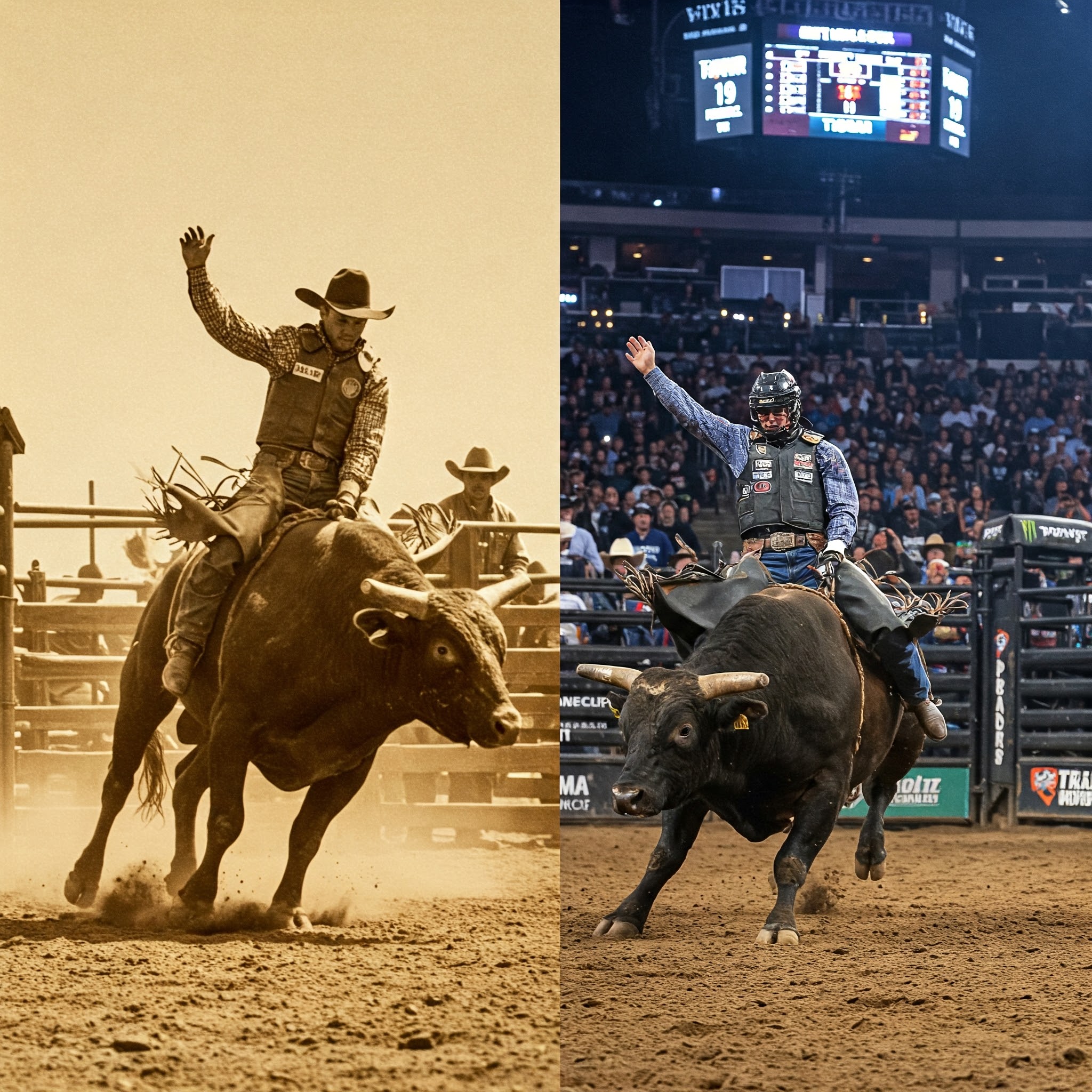 Side-by-side image of a historic cowboy riding a bull in a dusty arena next to a modern bull rider in protective gear under bright stadium lights.