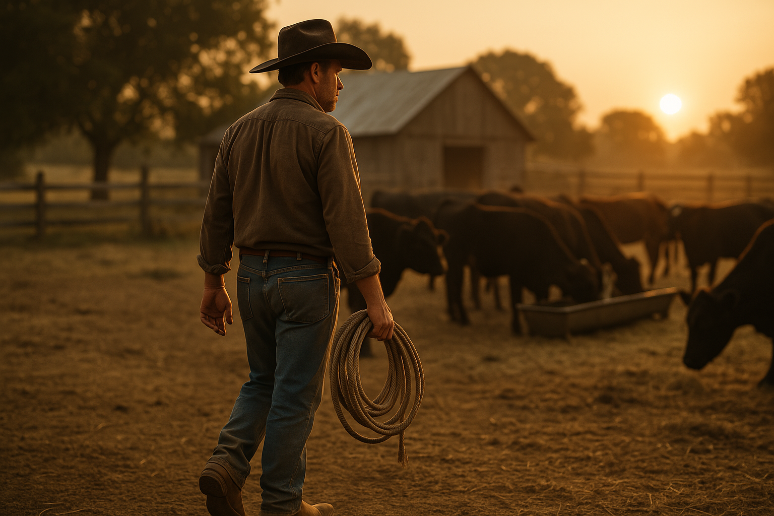 A middle-aged cowboy walks through a small cattle ranch at sunrise, holding a coiled rope, with cows feeding near a trough and a barn in the background.