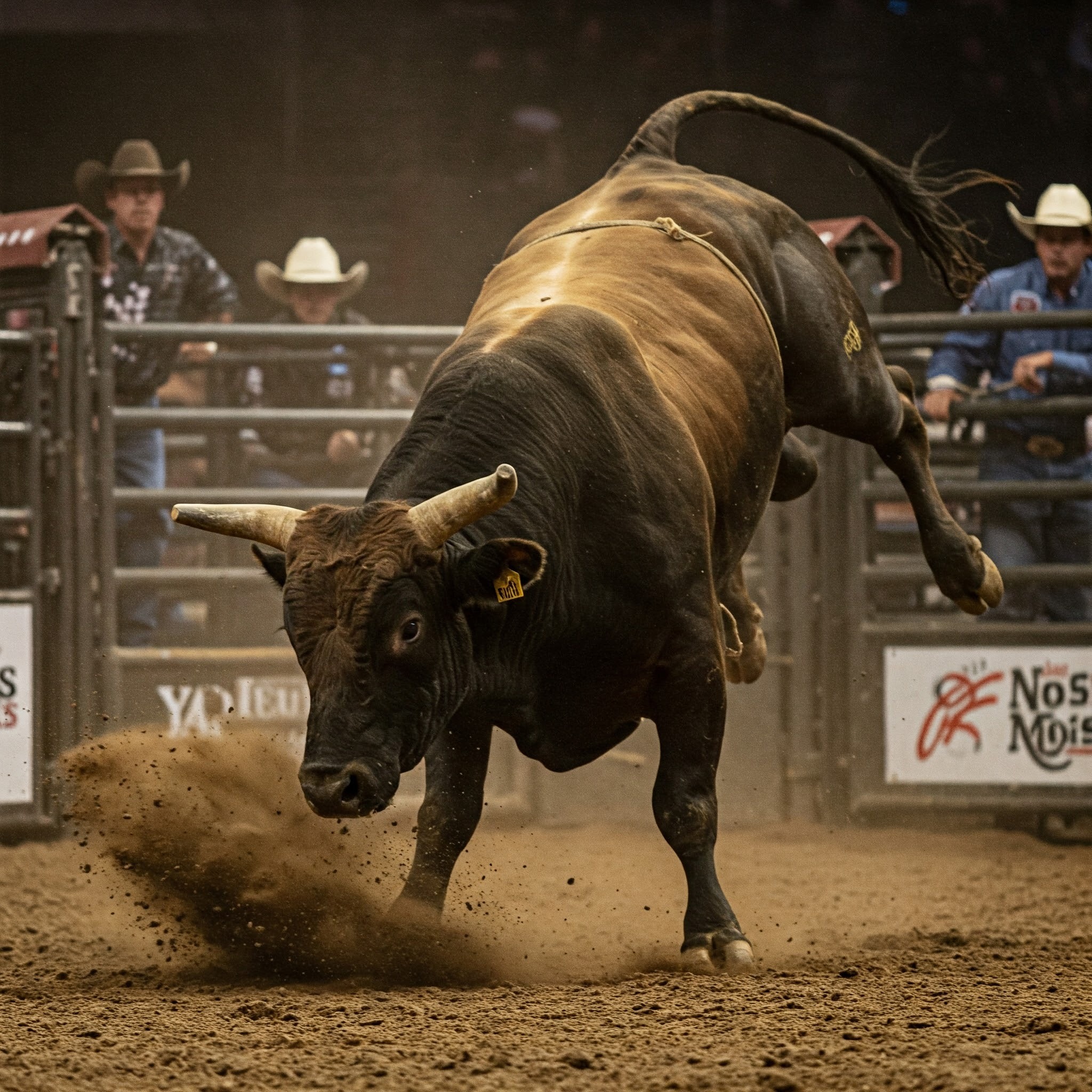 An elite bucking bull mid-air inside a rodeo arena, kicking up dirt and showcasing its powerful muscles during a high-energy ride.