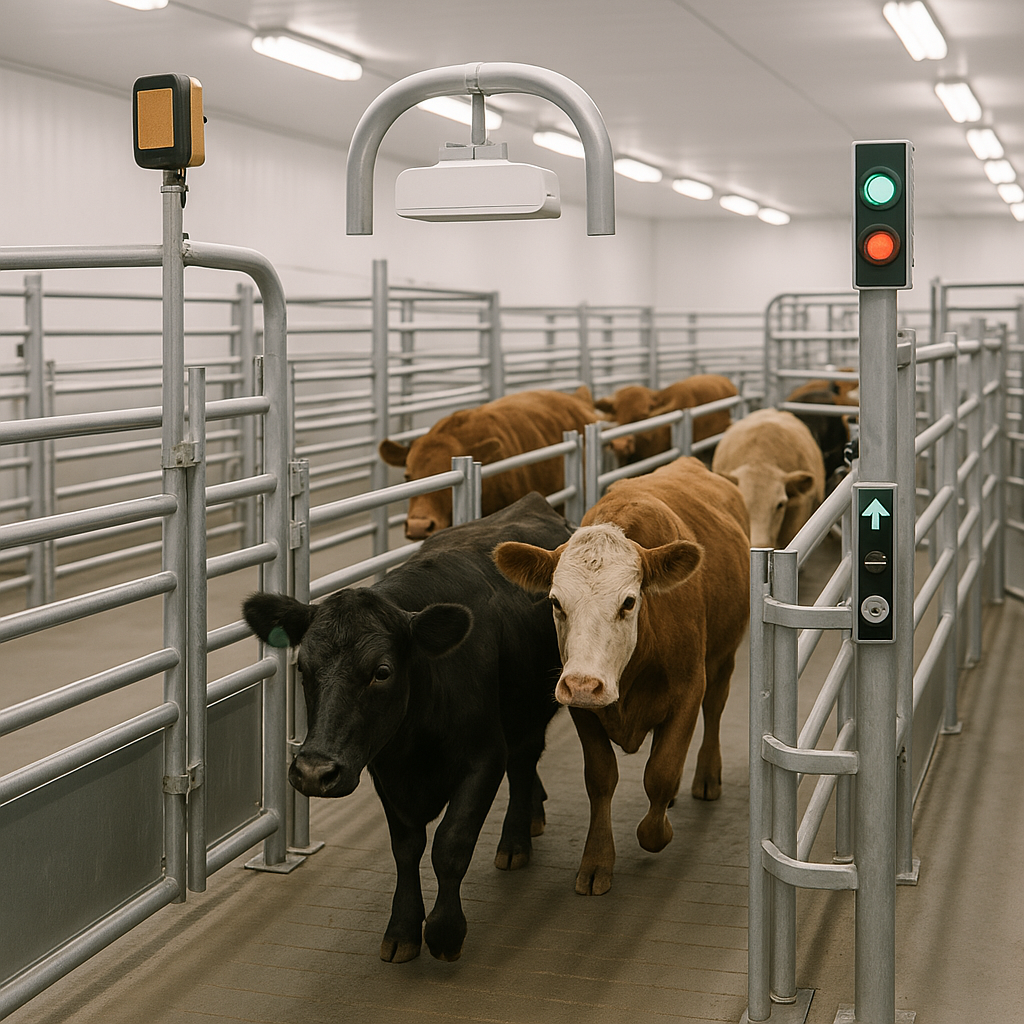 Modern cattle sorting pen with automated gates, RFID scanners, and motion sensors in a clean livestock handling facility.
