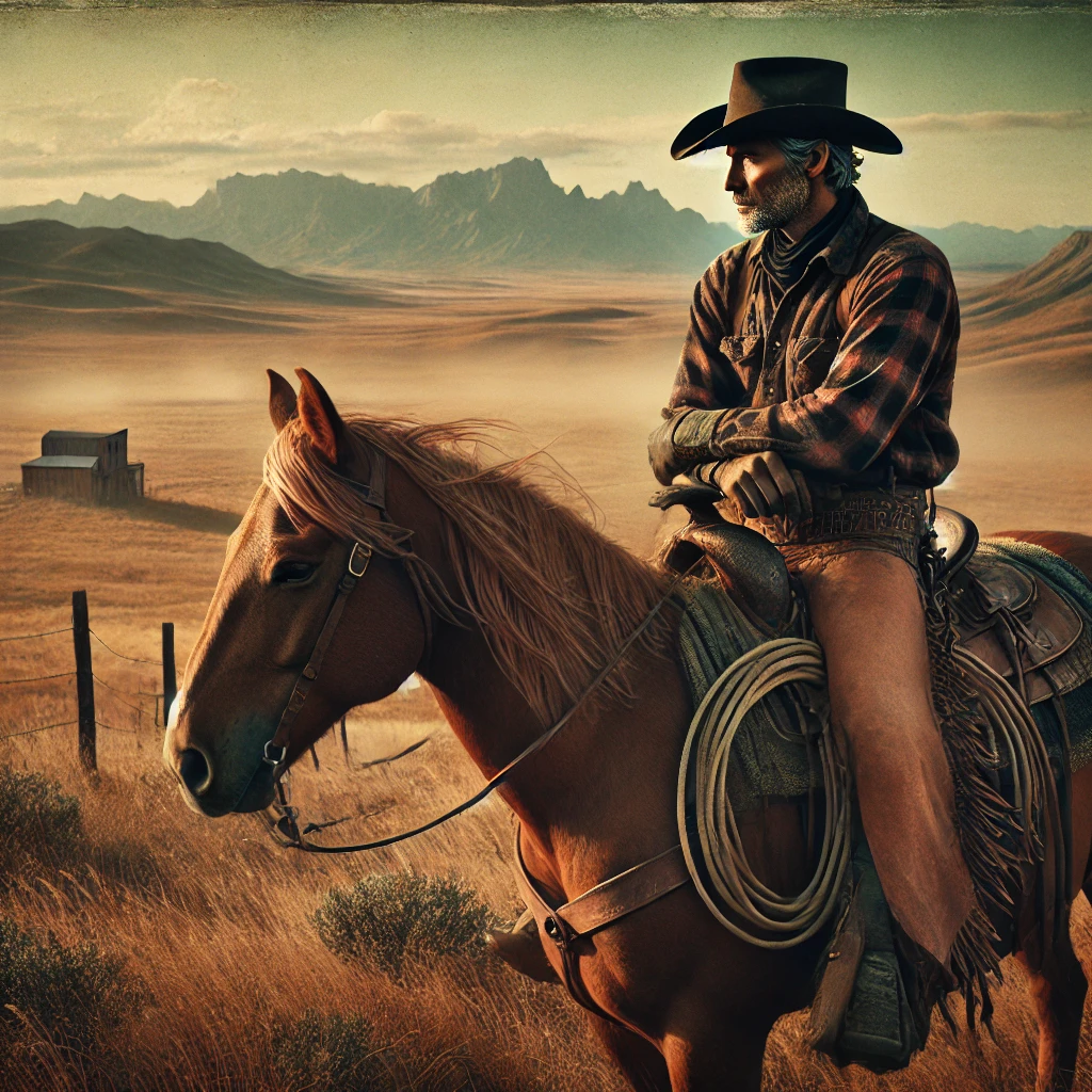 A veteran cowboy on horseback overlooking a dusty open range at sunrise, symbolizing the reality of modern cowboy life.