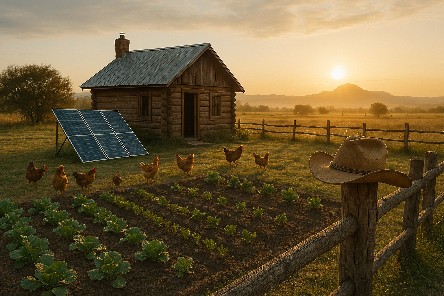 Rustic off-grid homestead at sunrise with a small log cabin, vegetable garden, solar panels, and chickens roaming near a cowboy hat on a wooden fence post.