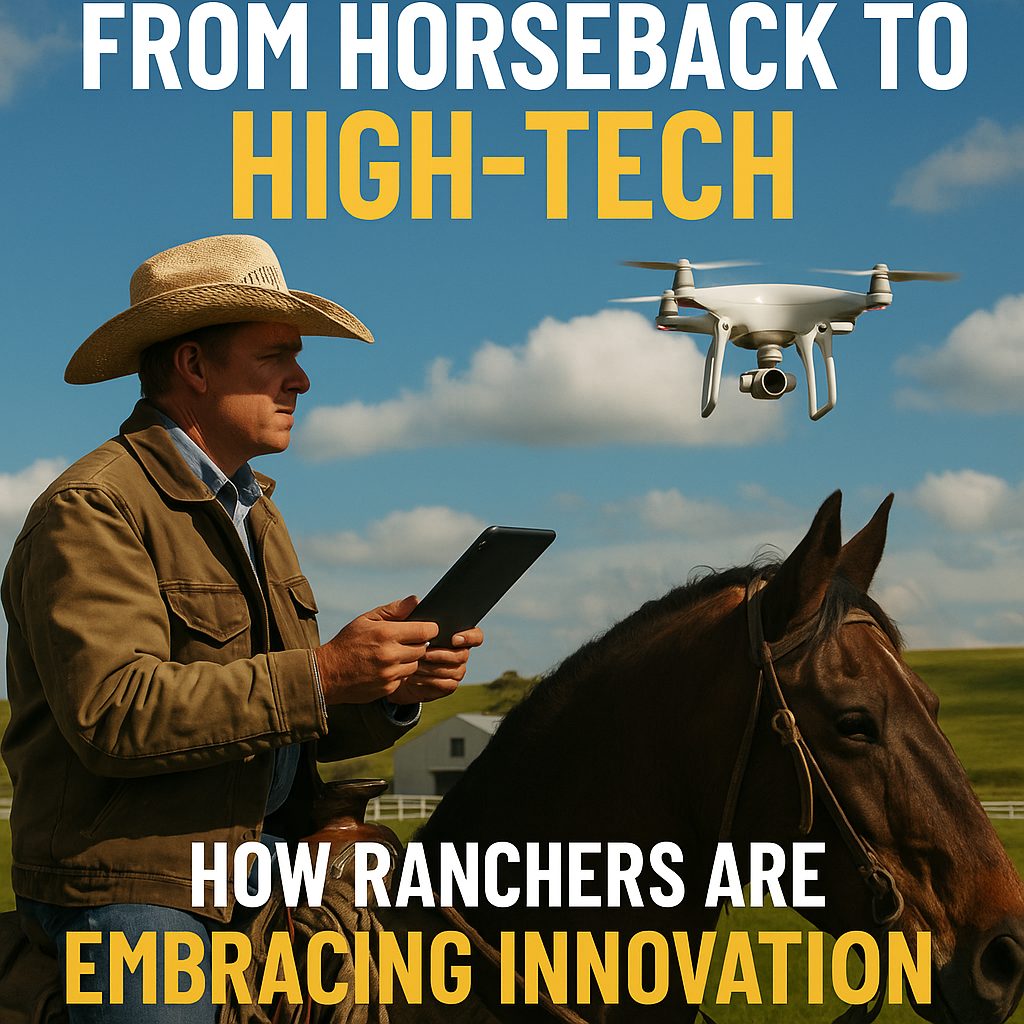 A rancher on horseback using a tablet with a drone flying nearby, symbolizing the fusion of traditional ranching and modern technology under a clear blue sky.