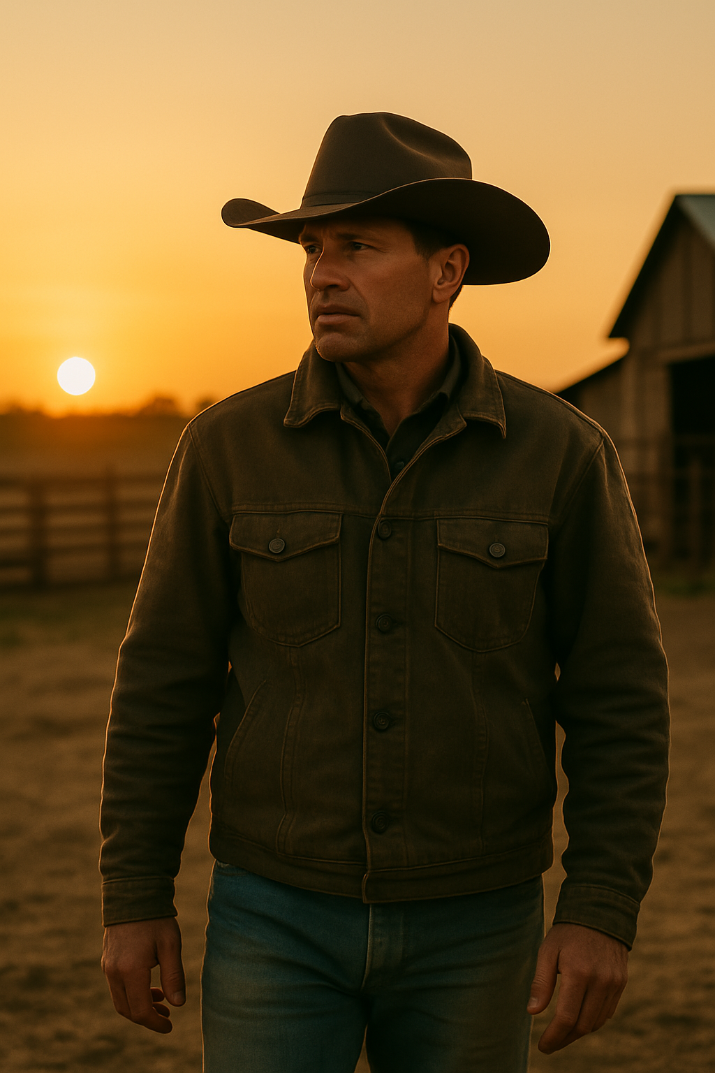 A rugged cowboy stands in front of a barn at sunset, wearing a weathered jacket and cowboy hat, looking off into the distance with a serious expression.