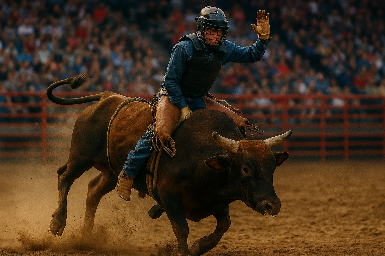 Bull rider in protective gear holding on mid-ride as a powerful bull kicks up dust in a rodeo arena with a blurred crowd in the background.